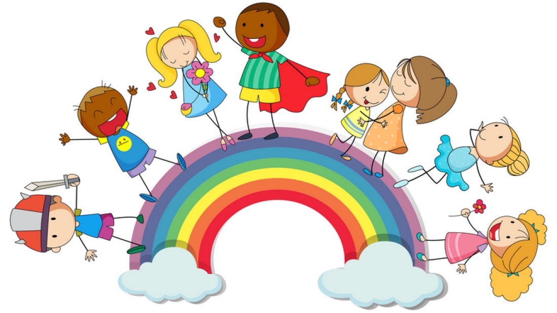 Happy children standin on rainbow illustration