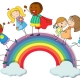 Happy children standin on rainbow illustration