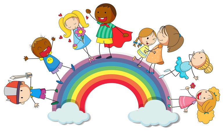Happy children standin on rainbow illustration